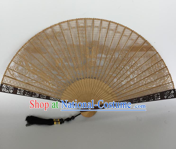 Handmade Chinese Craft Fans Sandalwood Hollow Out Folding Fan Ancient Swordsman Fan Carving Tiger Hill Accordion