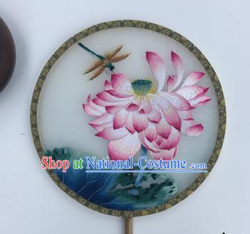 China Vintage Embroidery Dragonfly Lotus Fans Handmade Double Sided Palace Fan Ancient Court Silk Fan Traditional Hanfu Round Fan