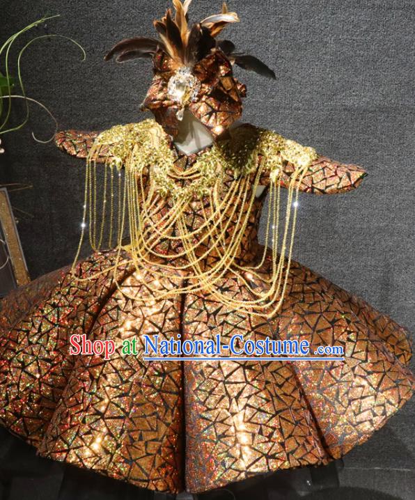 Top Children Day Stage Show Clothing Girl Performance Garment Catwalks Baroque Princess Golden Sequins Dress Christmas Formal Evening Wear