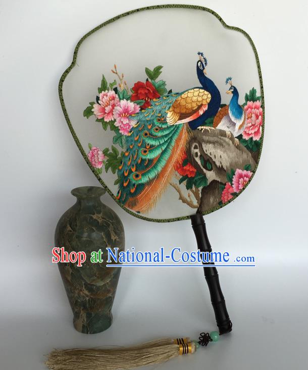 China Handmade Suzhou Embroidery Peacock Peony Palace Fan Ancient Hanfu Fans Traditional Court Dance Fan Vintage Silk Fan