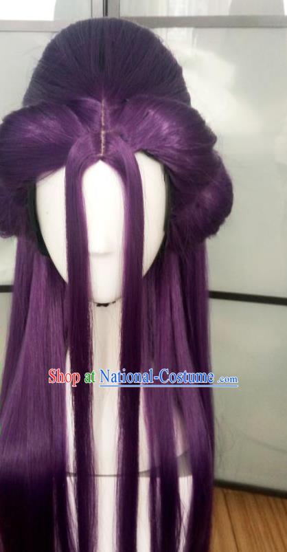 China Ancient Swordswoman Wigs Traditional Drama The Journey of Flower Hua Qiangu Hanfu Chignon Hairpieces Cosplay Goddess Purple Wig Sheath