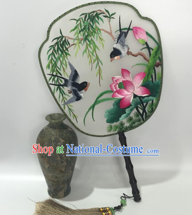 China Vintage Palace Fan Handmade Suzhou Embroidery Swallow Lotus Silk Fan Ancient Hanfu Dance Fans Traditional Court Fan