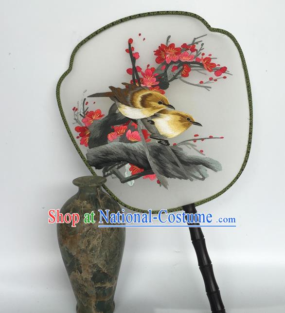 China Traditional Court Fan Vintage Palace Fan Handmade Suzhou Embroidery Plum Birds Silk Fan Ancient Hanfu Dance Fans