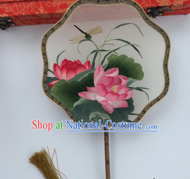 China Handmade Suzhou Embroidery Lotus Dragonfly Fan Ancient Hanfu Octagon Fans Traditional Cultural Dance Silk Fan Vintage Palace Fan