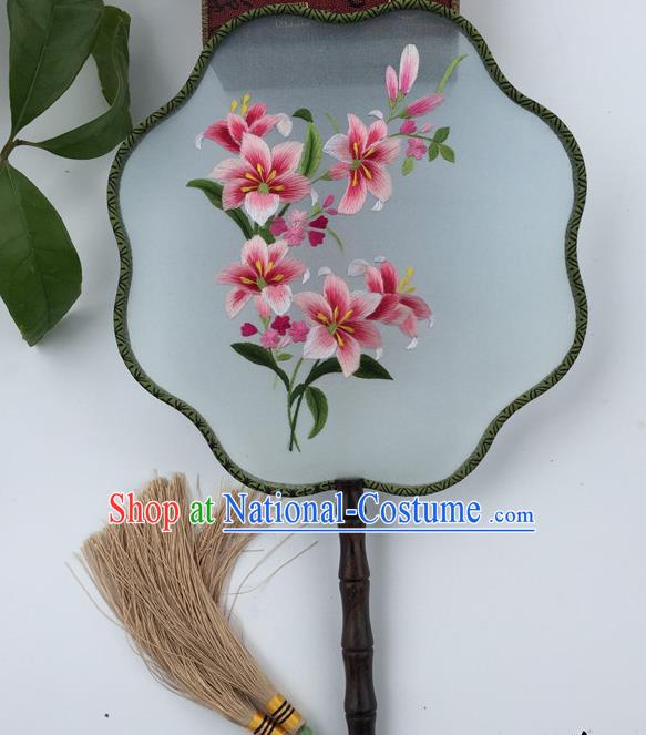 China Suzhou Embroidery Lily Flowers Fan Traditional Cultural Dance Fan Vintage Silk Fans Handmade Double Sided Embroidered Fan