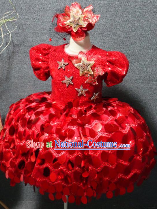 Top Children Princess Stage Show Clothing Chorus Performance Garment Girl Catwalks Red Bubble Dress Christmas Formal Evening Wear