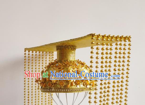 Handmade Chinese Tang Dynasty Emperor Hair Crown Ancient King Headwear Drama Traditional Hanfu Golden Tassel Hat