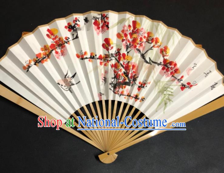 Handmade Chinese Ancient Swordsman Fan Xuan Paper Accordion Craft Fans Ink Painting Plum Blossom Folding Fan