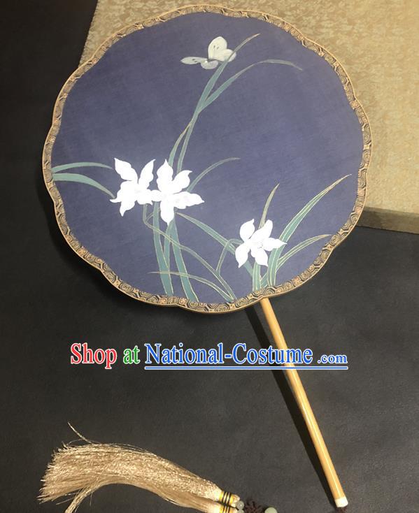 China Ancient Hanfu Fans Traditional Ming Dynasty Navy Silk Fan Vintage Palace Fan Handmade Painting Orchids Fan