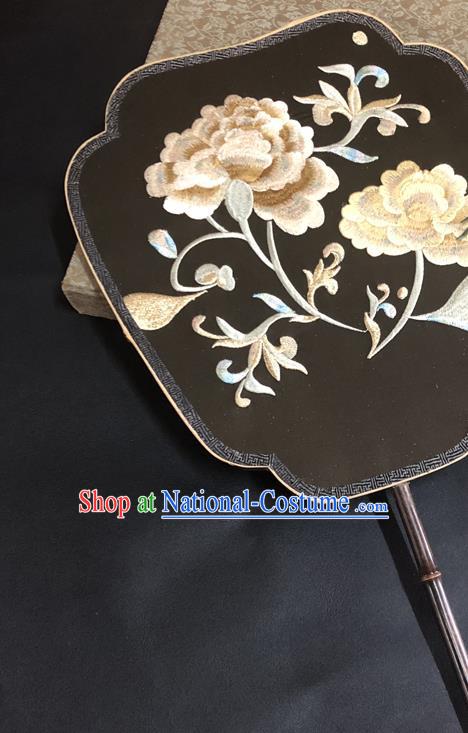 China Ancient Princess Fans Traditional Wedding Fan Vintage Embroidered Peony Palace Fan Handmade Black Silk Fan