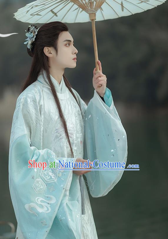 China Traditional Ming Dynasty Prince Blue Hanfu Robe Clothing Ancient Noble Childe Historical Garment Costume for Men