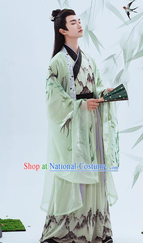 China Traditional Jin Dynasty Young Childe Printing Green Hanfu Clothing Ancient Swordsman Historical Garment Costumes Full Set