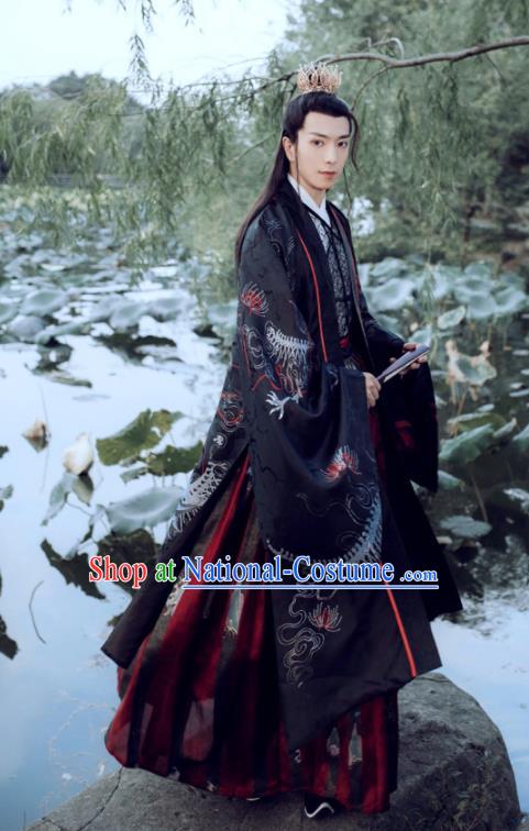 China Ancient Crown Prince Historical Garment Clothing Traditional Swordsman Fashion Jin Dynasty Royal Childe Black Hanfu Attire