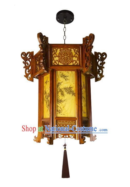 China Wood Carving Lamp Traditional Festival Hanging Lantern Classical Lanterns Handmade Hexagon Palace Lantern