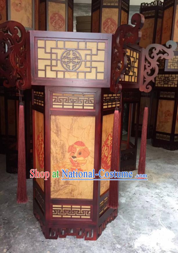 China Classical Wood Carving Lanterns Handmade Painting Dog Palace Lantern Traditional Hexagon Light Lamp Spring Festival Hanging Lantern