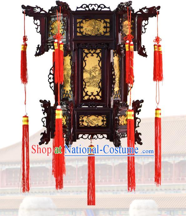 China Drama Hanging Lantern Classical Wood Carving Lanterns Handmade Hexagon Palace Lantern Traditional Court Light Lamp