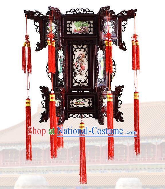 China Traditional Court Light Lamp Eight Immortals Painting Hanging Lantern Classical Wood Carving Lanterns Handmade Hexagon Palace Lantern