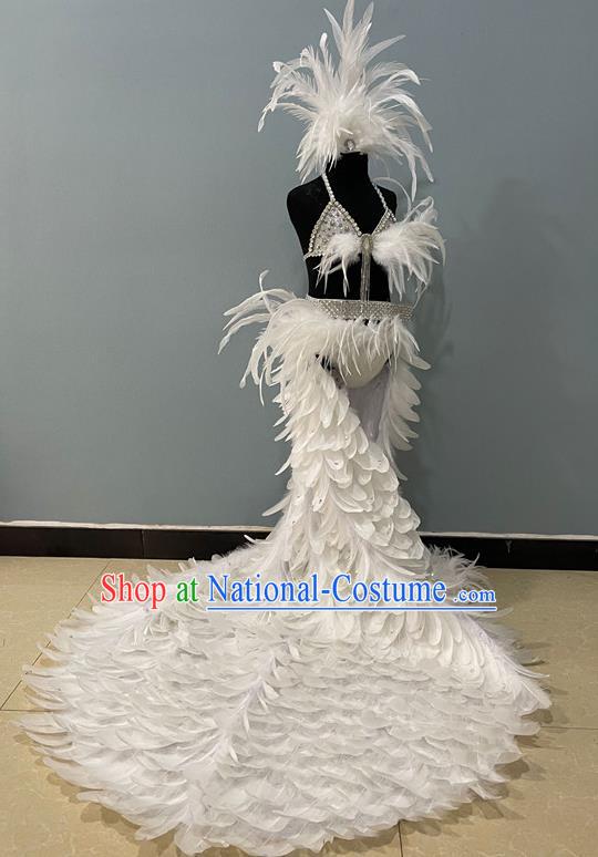 Brazilian Carnival Costumes Professional Children Catwalks Clothing Girl Swimsuit White Feather Trailing Dress and Headpiece