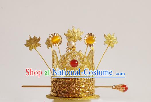 Handmade Chinese Ming Dynasty Prince Golden Hair Crown Ancient Royal Highness Headwear Drama Traditional Hanfu Emperor Headpieces