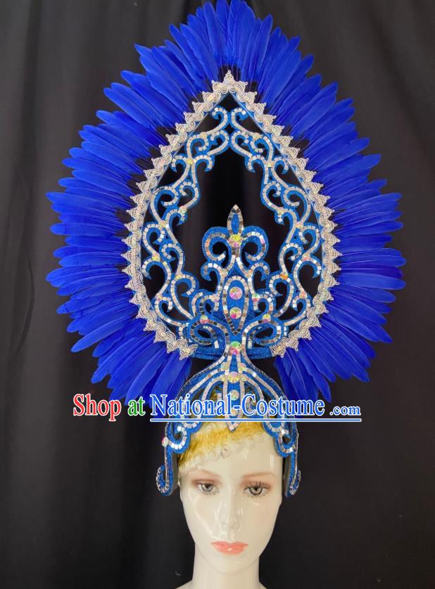 Handmade Deluxe Hair Accessories Halloween Royalblue Feather Royal Crown Brazil Parade Giant Headpiece Rio Carnival Headdress