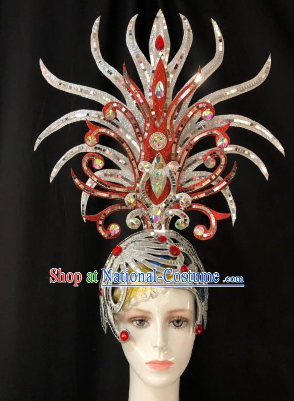 Handmade Brazil Parade Giant Headpiece Rio Carnival Headdress Deluxe Hair Accessories Halloween Stage Show Argent Royal Crown