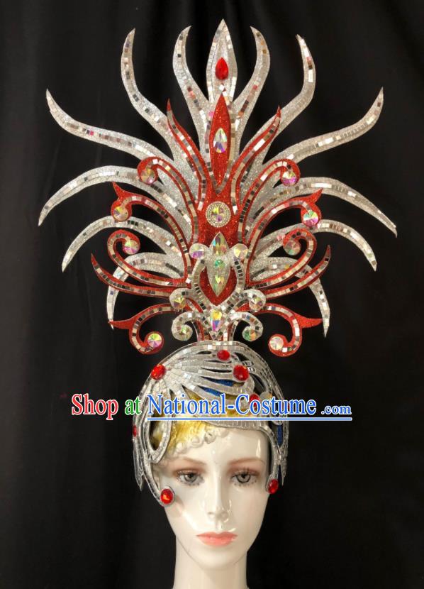 Handmade Brazil Parade Giant Headpiece Rio Carnival Headdress Deluxe Hair Accessories Halloween Stage Show Argent Royal Crown