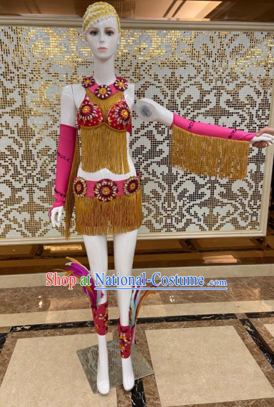 Custom Samba Dance Rosy Uniforms Brazilian Carnival Costumes Professional Catwalks Clothing Woman Tassel Swimsuits