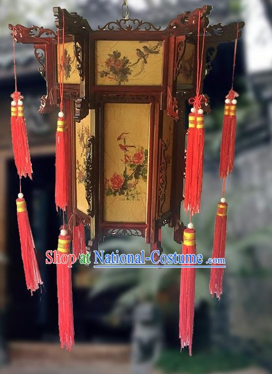 China Vintage Painting Peony Birds Palace Lantern Traditional Festival Light Lamp Handmade Wood Hanging Lantern Classical Hexagon Lanterns