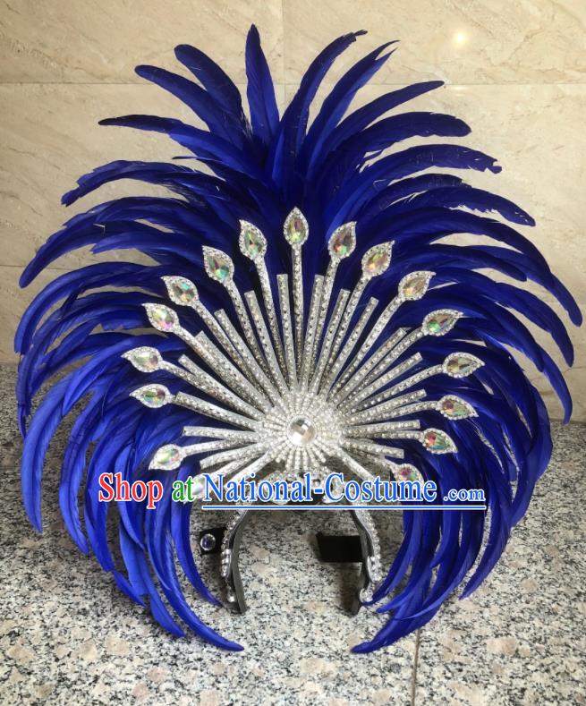 Handmade Stage Show Hair Accessories Halloween Deluxe Headwear Brazil Carnival Giant Headpiece Samba Dance Royalblue Feather Royal Crown