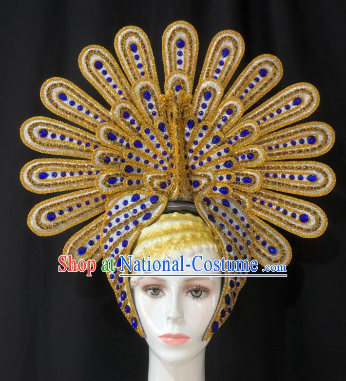 Handmade Samba Dance Golden Peacock Royal Crown Stage Show Hair Accessories Halloween Deluxe Headwear Brazil Carnival Giant Headpiece