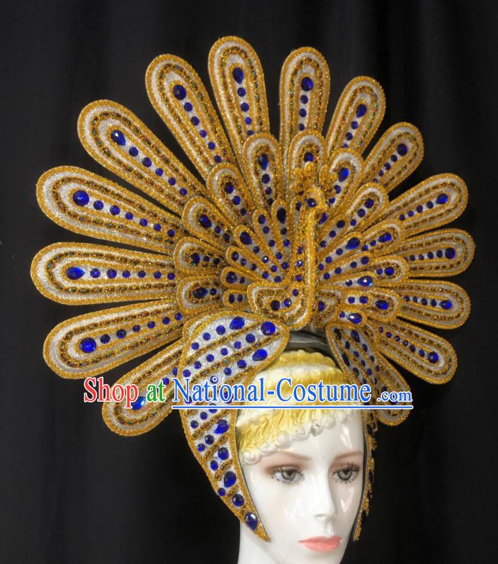 Handmade Samba Dance Golden Peacock Royal Crown Stage Show Hair Accessories Halloween Deluxe Headwear Brazil Carnival Giant Headpiece