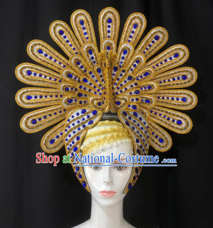 Handmade Samba Dance Golden Peacock Royal Crown Stage Show Hair Accessories Halloween Deluxe Headwear Brazil Carnival Giant Headpiece