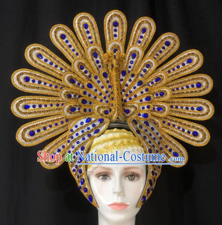 Handmade Samba Dance Golden Peacock Royal Crown Stage Show Hair Accessories Halloween Deluxe Headwear Brazil Carnival Giant Headpiece