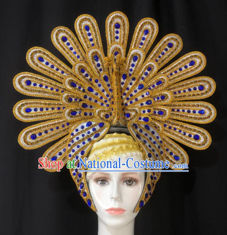 Handmade Samba Dance Golden Peacock Royal Crown Stage Show Hair Accessories Halloween Deluxe Headwear Brazil Carnival Giant Headpiece