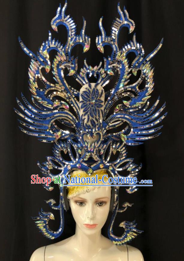 Handmade Brazil Carnival Giant Headpiece Samba Dance Blue Phoenix Royal Crown Stage Show Hair Accessories Halloween Deluxe Hat