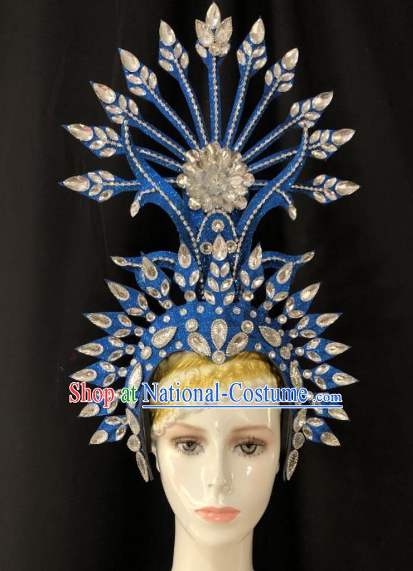 Handmade Halloween Deluxe Blue Hat Brazil Carnival Giant Headpiece Samba Dance Royal Crown Stage Show Hair Accessories