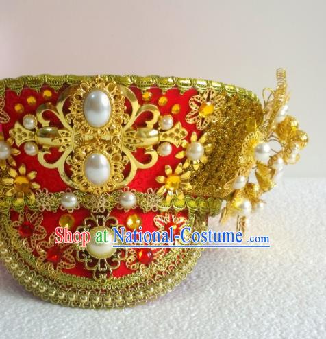 China Ancient Manchu Empress Pearls Hair Crown Traditional Drama Ruyi Royal Love in the Palace Hair Accessories Qing Dynasty Queen Red Hat Headdress