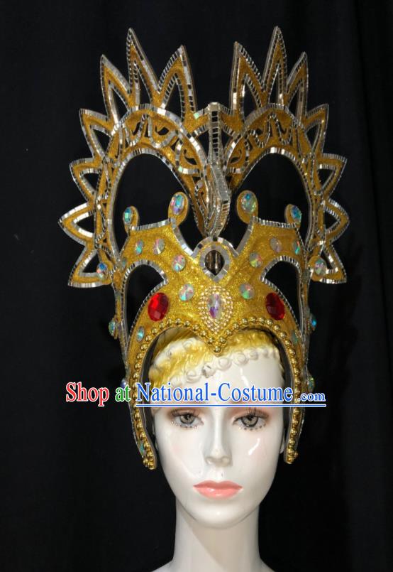 Handmade Brazil Carnival Deluxe Headpiece Samba Dance Golden Royal Crown Halloween Performance Hair Accessories Cosplay Queen Giant Hat