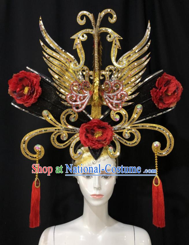 Handmade Cosplay Queen Giant Phoenix Coronet Brazil Carnival Deluxe Headpiece Samba Dance Golden Royal Crown Halloween Performance Hair Accessories