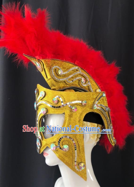 Professional Cosplay Warrior Red Feather Helmet Easter Hair Decorations Stage Performance Golden Hat Halloween Rome Knight Headdress