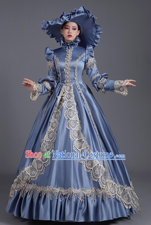 Custom European Countess Blue Full Dress Western Style Court Clothes Europe Vintage Garment Costume Stage Performance Fashion