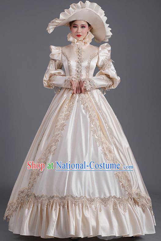 Custom European Stage Performance Fashion Countess Beige Full Dress Western Style Court Clothes Europe Vintage Garment Costume