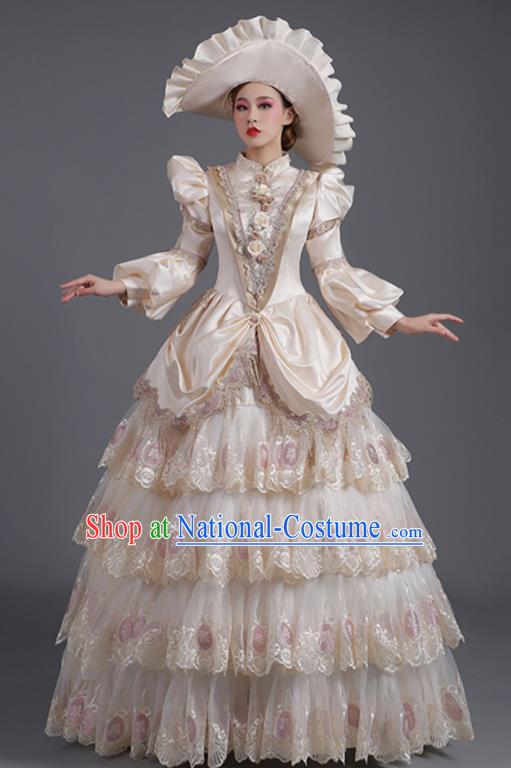 Custom Europe Vintage Full Dress Stage Performance Fashion European Noble Lady Beige Dress Western Style Court Clothing