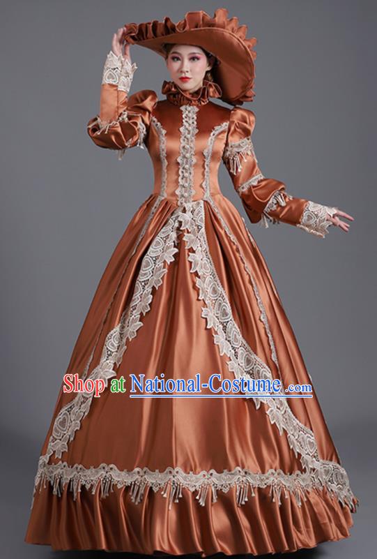 Custom Europe Vintage Full Dress Stage Performance Fashion European Noble Woman Brown Satin Dress Western Medieval Age Court Clothing