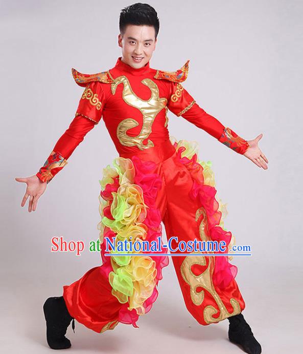 China New Year Fan Dance Garment Costumes Folk Dance Outfits Drum Dance Red Uniforms Male Yangko Dance Clothing