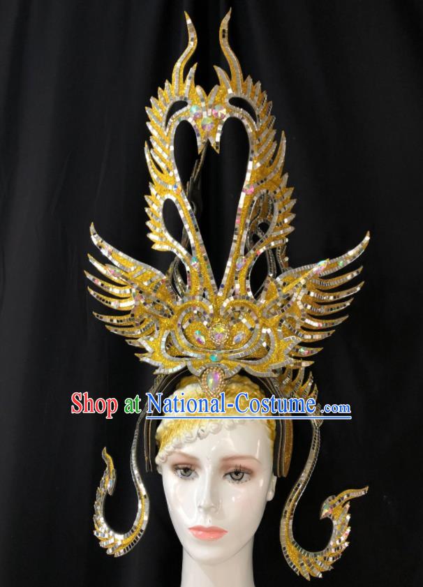 Handmade Samba Dance Royal Crown Halloween Hair Accessories Cosplay Queen Giant Golden Phoenix Coronet Brazil Carnival Deluxe Headpiece