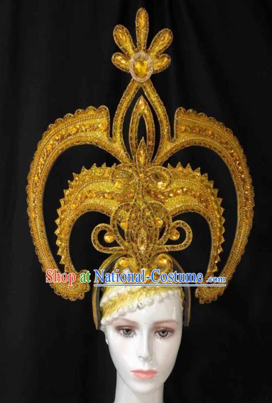 Handmade Halloween Stage Show Golden Phoenix Coronet Brazil Parade Giant Headpiece Rio Carnival Royal Crown Deluxe Queen Hair Accessories