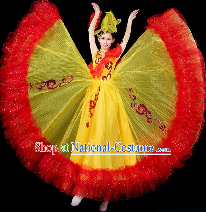 Professional Woman Modern Dance Clothing Spanish Dance Fashion Garment Opening Dance Performance Yellow Dress