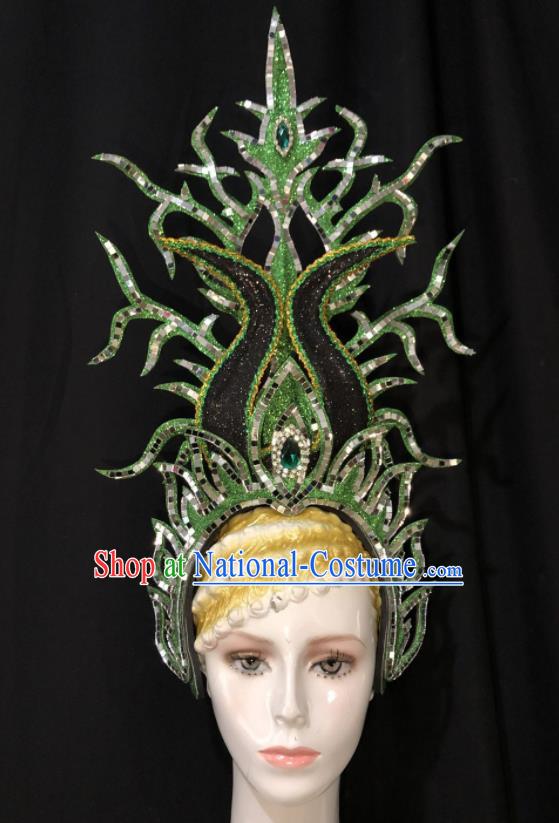 Handmade Brazil Carnival Deluxe Headpiece Samba Dance Green Royal Crown Halloween Hair Accessories Cosplay Show Giant Hat