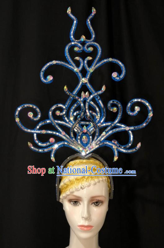 Handmade Cosplay Show Giant Hair Clasp Brazil Carnival Deluxe Headpiece Samba Dance Blue Royal Crown Halloween Hair Accessories